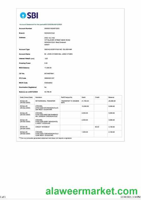 India State Bank of India account statement Word and PDF template, version 3